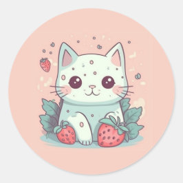 Kat van Cute kawaii met aardbeien Ronde Sticker