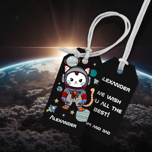 Kat van de astronaut in de ruimte cadeaulabel