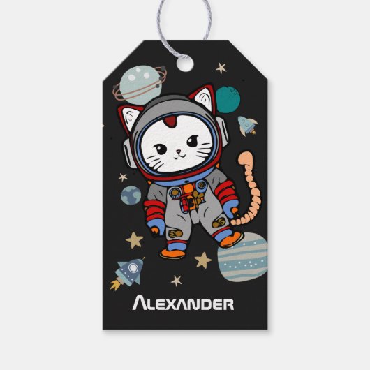 Kat van de astronaut in de ruimte cadeaulabel (Voorkant)