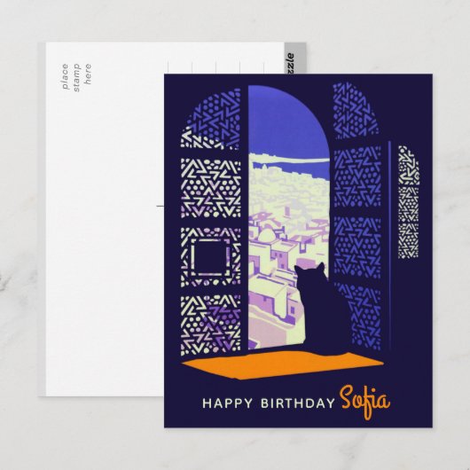 Kat van de verjaardag in een venster Casablanca Ma Briefkaart (Voorkant / Achterkant)