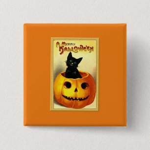Kat van Halloween, in Jack O Lantern Vierkante Button 5,1 Cm