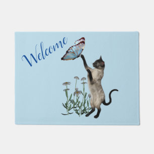 Kat van siamese met blauw vlinderdier deurmat