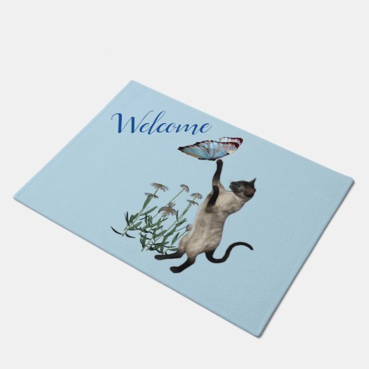 Kat van siamese met blauw vlinderdier deurmat (Schuin)