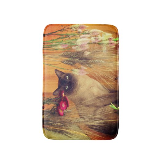 Kat van Siamese met bloemen Badmat (Voorkant Verticaal)