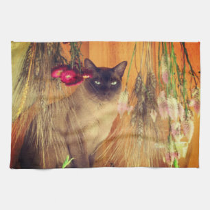 Kat van Siamese met bloemen Theedoek