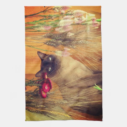 Kat van Siamese met bloemen Theedoek (Verticaal)