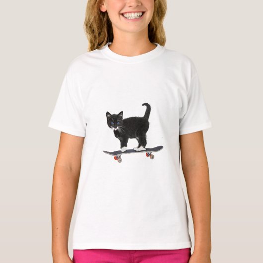 Kat van skateboard, zwarte kat t-shirt (Voorkant)