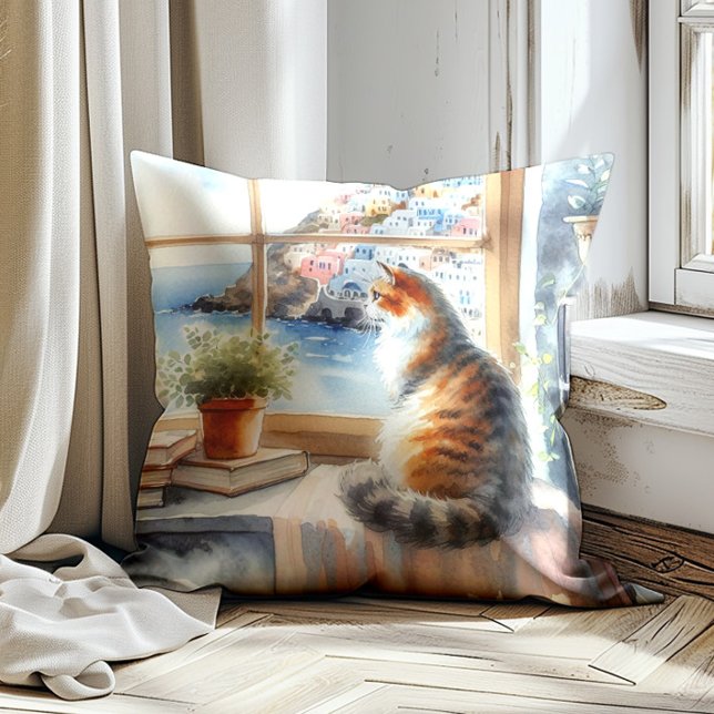 Kat Venster Aquarel Mediterraan  Kussen (Cat in the window pillow)