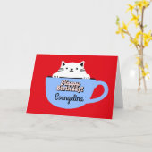 Kat Verjaardag Kaart, Kitten in Cup Gepersonalisee Kaart (Gele Bloem)