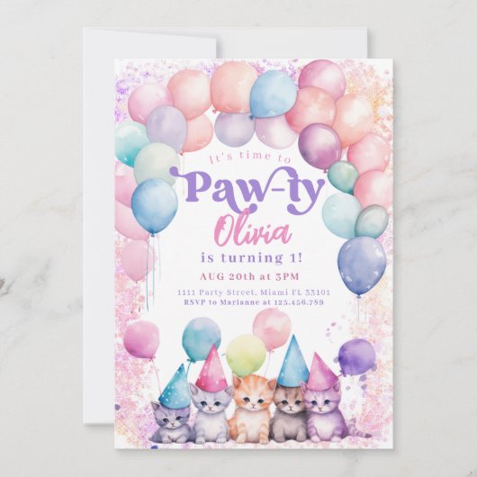 kat verjaardag kitten partij pawty meisje kaart (Voorkant)