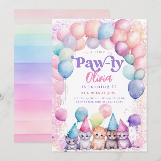 kat verjaardag kitten partij pawty meisje kaart (Voorkant / Achterkant)