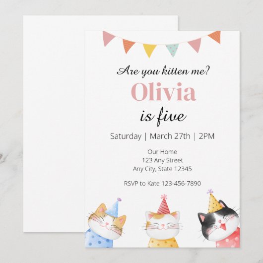 Kat Verjaardag Uitnodiging, Ben je kitten me Kaart (Voorkant / Achterkant)