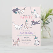 Kat Verjaardag Uitnodigingen met Feestkatten | roz (Staand voorkant)