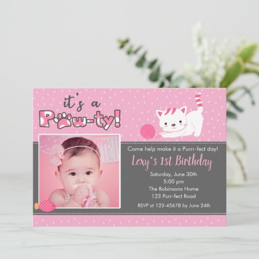 Kat Verjaardag Uitnodigingen met Foto (Meisjes) Pi (Staand voorkant)
