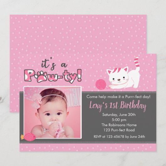 Kat Verjaardag Uitnodigingen met Foto (Meisjes) Pi (Voorkant / Achterkant)