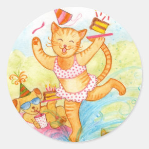 Kat Verjaardag Zwembad Party Ronde Sticker