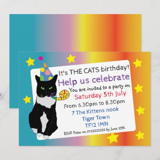 Kat verjaardagsfeest uitnodiging leuk gezelschapsg (Voorkant / Achterkant)