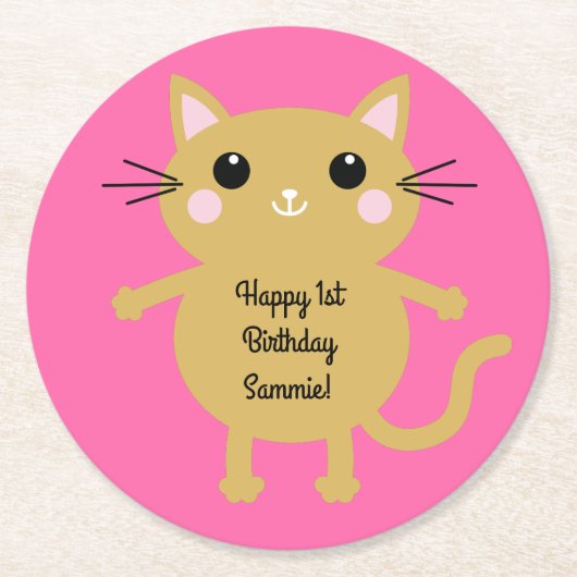 kat verjaardagsfeestje ronde kartonnen onderzetter (Voorkant)