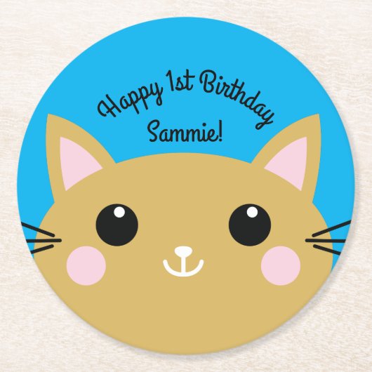 kat verjaardagsfeestje ronde kartonnen onderzetter (Voorkant)