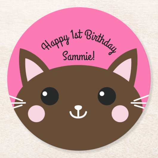 kat verjaardagsfeestje ronde kartonnen onderzetter (Voorkant)