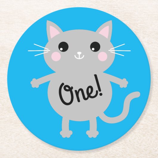 kat verjaardagsfeestje ronde kartonnen onderzetter (Voorkant)