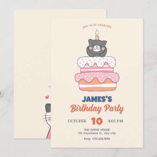 Kat verjaardagstaart kaart (Voorkant / Achterkant)