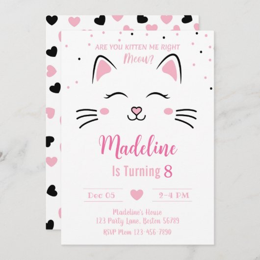 Kat Verjaardagsuitnodiging Kitten Uitnodiging Kat (Voorkant / Achterkant)
