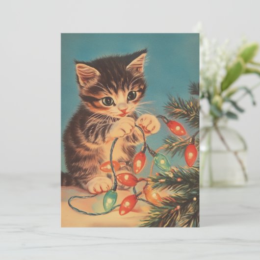 Kat vintage kerst feestdagenkaart (Staand voorkant)