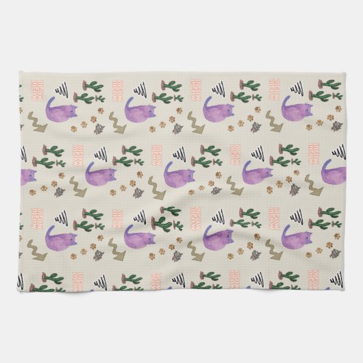 Kat Vis Miauw Paws Cactus Keuken Handdoek (Horizontaal)