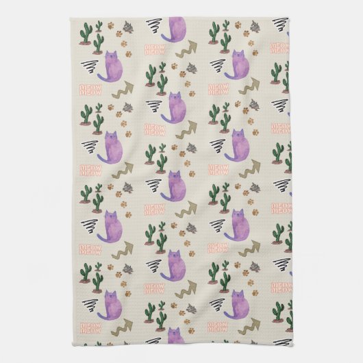 Kat Vis Miauw Paws Cactus Keuken Handdoek (Verticaal)