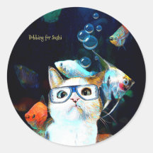 Kat Vis Sushi Humor Funny Fantasy Ronde Sticker