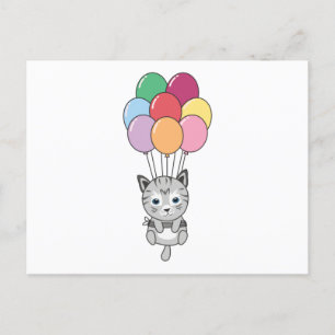Kat vliegt omhoog met kleurrijke ballonnen briefkaart