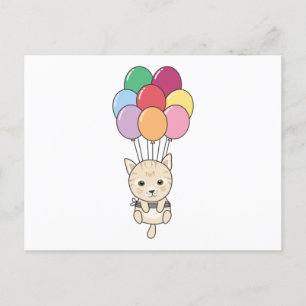 Kat vliegt omhoog met kleurrijke ballonnen briefkaart
