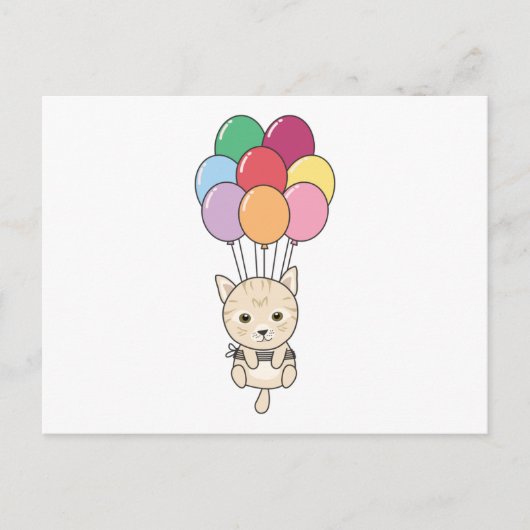 Kat vliegt omhoog met kleurrijke ballonnen briefkaart (Voorkant)