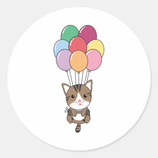 Kat vliegt omhoog met kleurrijke ballonnen ronde sticker (Voorkant)