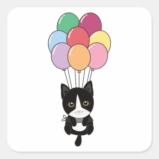 Kat vliegt omhoog met kleurrijke ballonnen vierkante sticker (Voorkant)