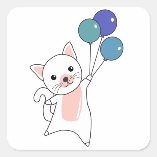 Kat vliegt omhoog met kleurrijke ballonnen vierkante sticker (Voorkant)