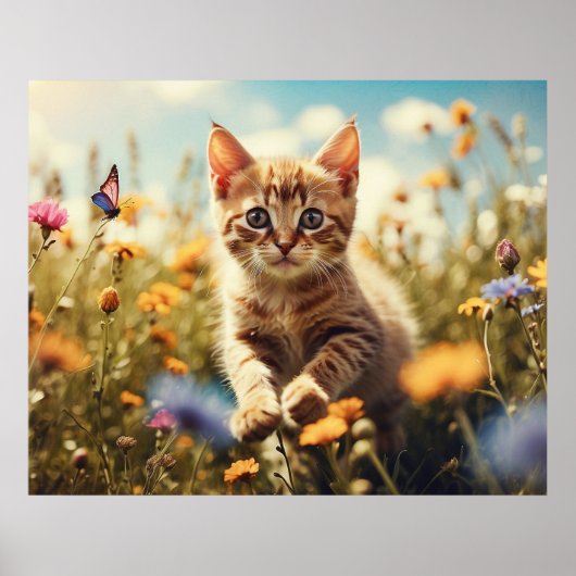 *~* Kat Vlinder Bloemen 5:4 Kitten Cat AP68 Poster (Voorkant)