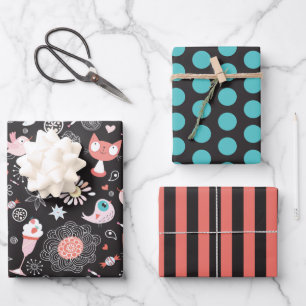 Kat, Vogel, Bloemen, IJscrimpapier Set Inpakpapier Vel