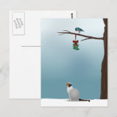 Kat, vogel en mistletoe briefkaart (Voorkant / Achterkant)