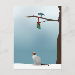 Kat, vogel en mistletoe briefkaart