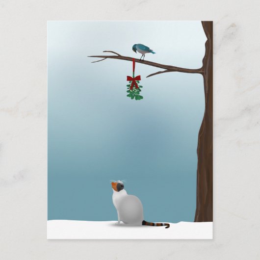 Kat, vogel en mistletoe briefkaart (Voorkant)