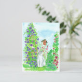Kat Vogelhuis Hollyhocks Zomer Tuin Bloemen Briefkaart (Staand voorkant)