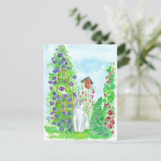 Kat Vogelhuis Hollyhocks Zomer Tuin Bloemen Briefkaart (Staand voorkant)