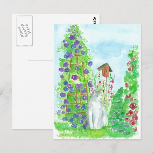 Kat Vogelhuis Hollyhocks Zomer Tuin Bloemen Briefkaart (Voorkant / Achterkant)