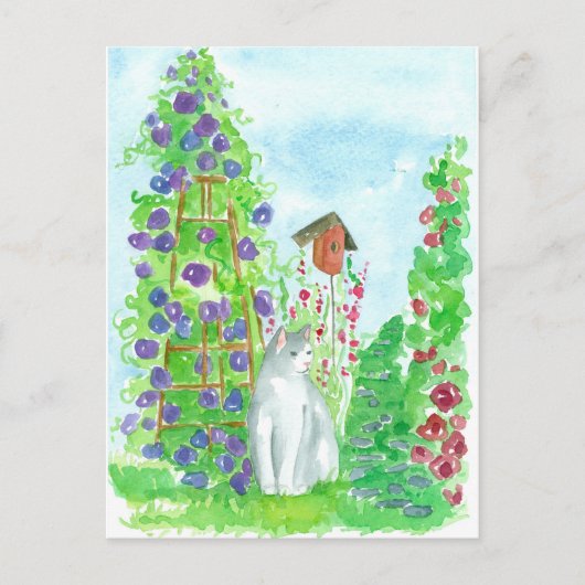 Kat Vogelhuis Hollyhocks Zomer Tuin Bloemen Briefkaart (Voorkant)