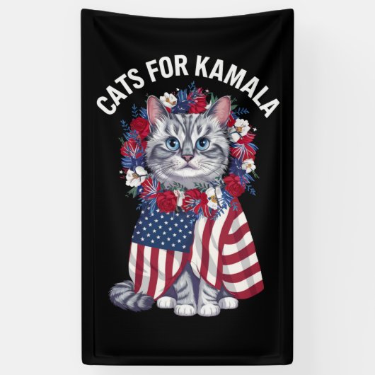 Kat voor Kamala Kattenbloemen Amerikaanse Vlag 202 Spandoek (Verticaal)