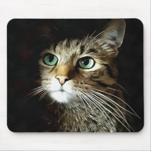 Kat voor tablet met groene ogen, geïsoleerd op zwa muismat