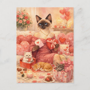 Kat voor Valentijnsdag met rode roos Feestdagenkaart