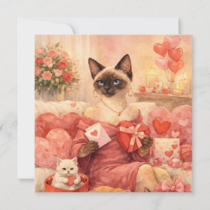 Kat voor Valentijnsdag met rode roos Feestdagenkaart